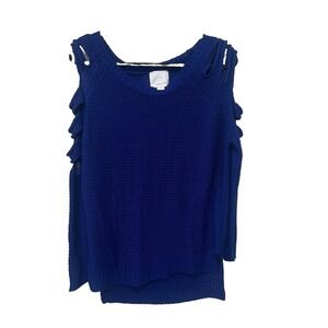 Aryn K Royal Blue Shaker Knit Cold Shoulder Cut Out Sweater XS Hi Low AT-1646-J